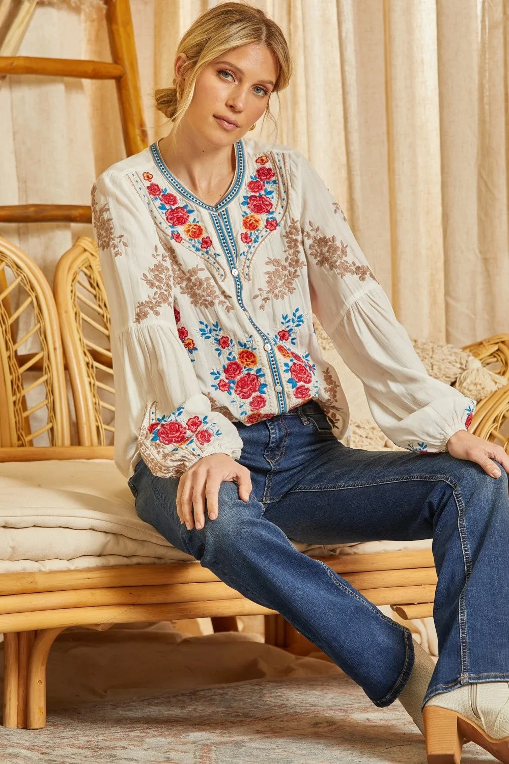 Floral Embroidered Button Down Top, Ivory