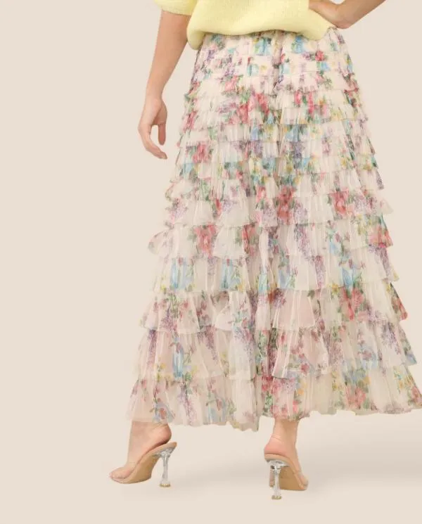 Floral Print Tulle Layered Skirt