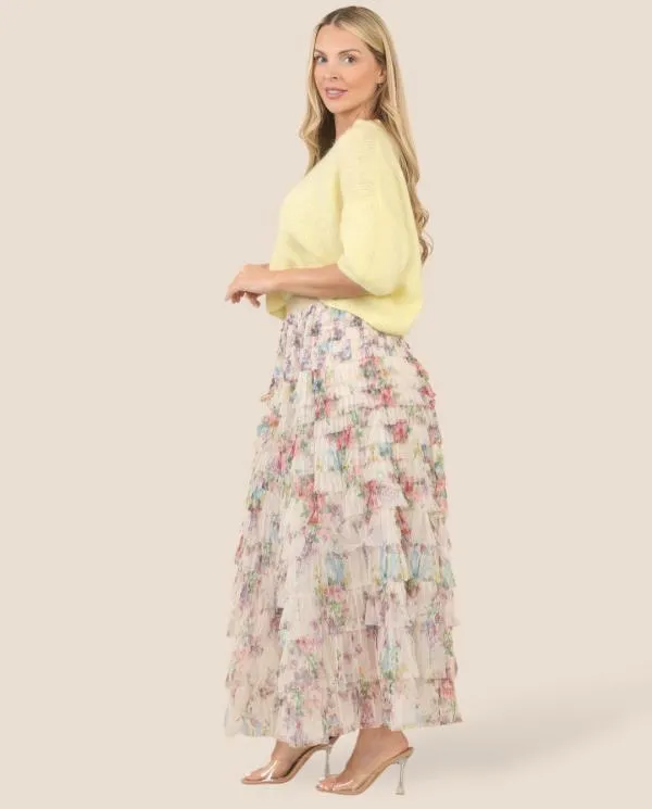 Floral Print Tulle Layered Skirt