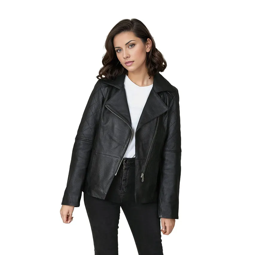 Freya Women's Real Leather Cross Zip Biker Jacket Black