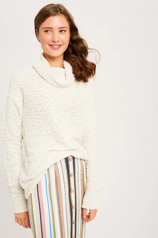 Hailey Popcorn Pullover Turtleneck in Ivory