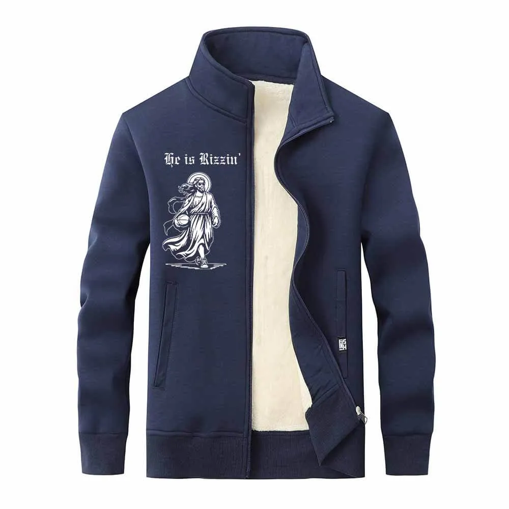 He Is Rizzin Jesus Holding Basketball Stand Collar Zip Fleece Cardigan