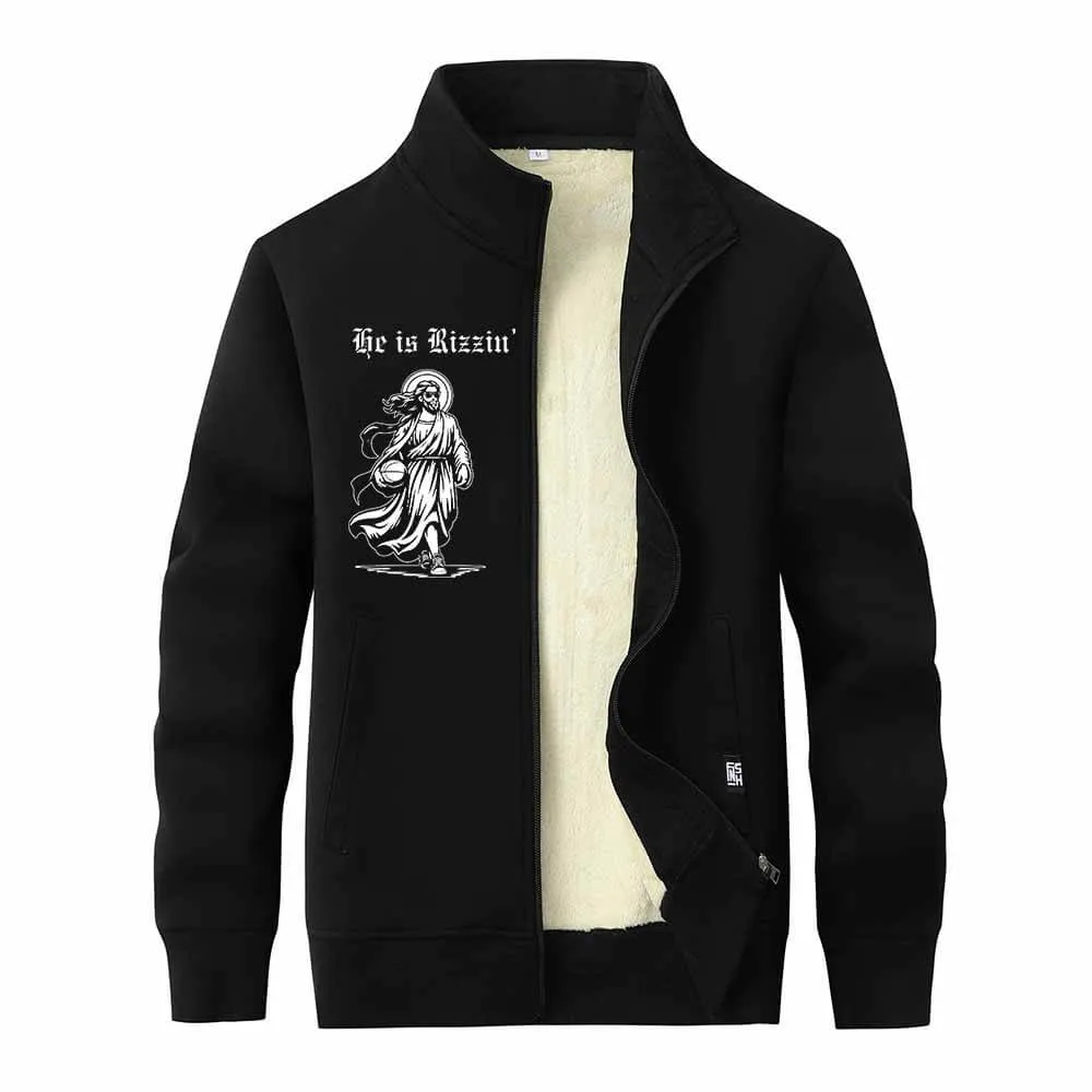 He Is Rizzin Jesus Holding Basketball Stand Collar Zip Fleece Cardigan