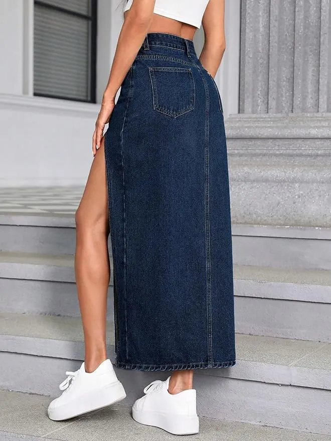 High Rise Denim Fit and Flare Maxi Skirt