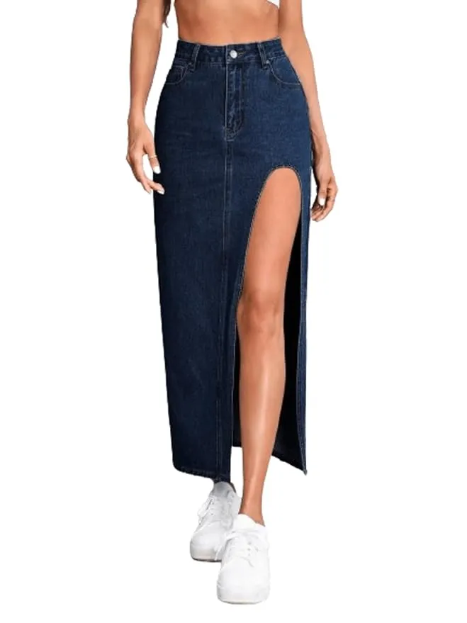 High Rise Denim Fit and Flare Maxi Skirt