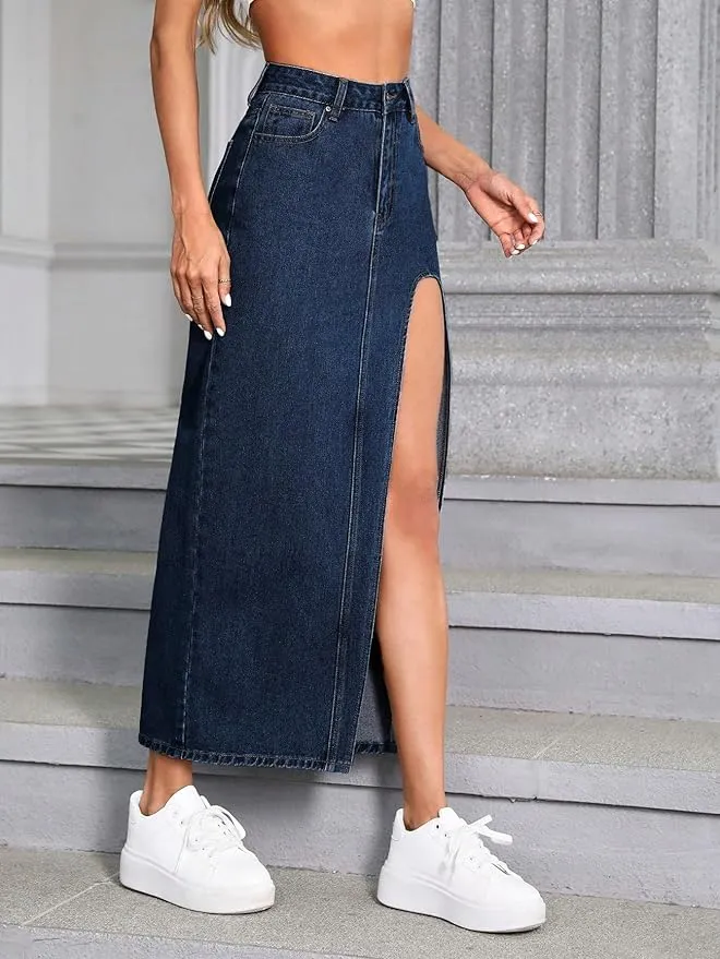 High Rise Denim Fit and Flare Maxi Skirt