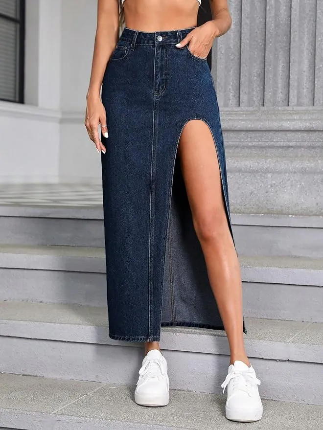 High Rise Denim Fit and Flare Maxi Skirt