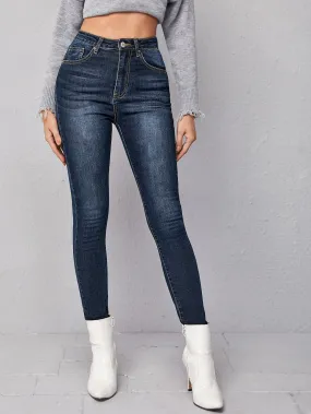 High Waist Zipper Fly Dark Wash Skinny Jeans