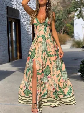 Island Girl Tropical Print Slit Maxi Dress V-neck Printed Waist Slit Maxi Dress