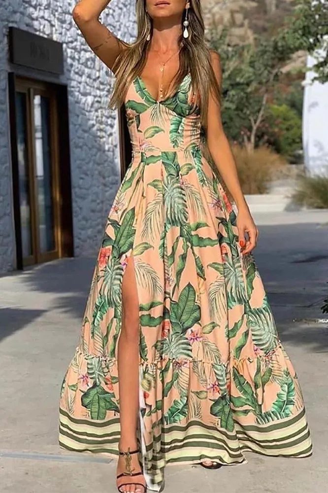 Island Girl Tropical Print Slit Maxi Dress V-neck Printed Waist Slit Maxi Dress