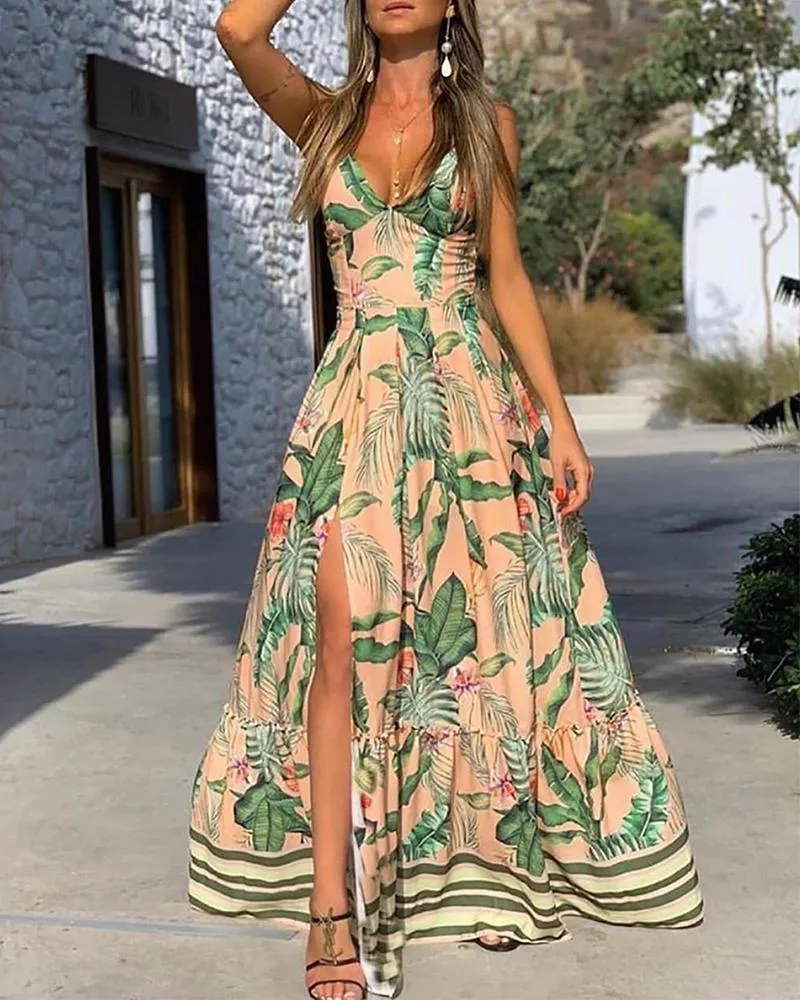 Island Girl Tropical Print Slit Maxi Dress V-neck Printed Waist Slit Maxi Dress