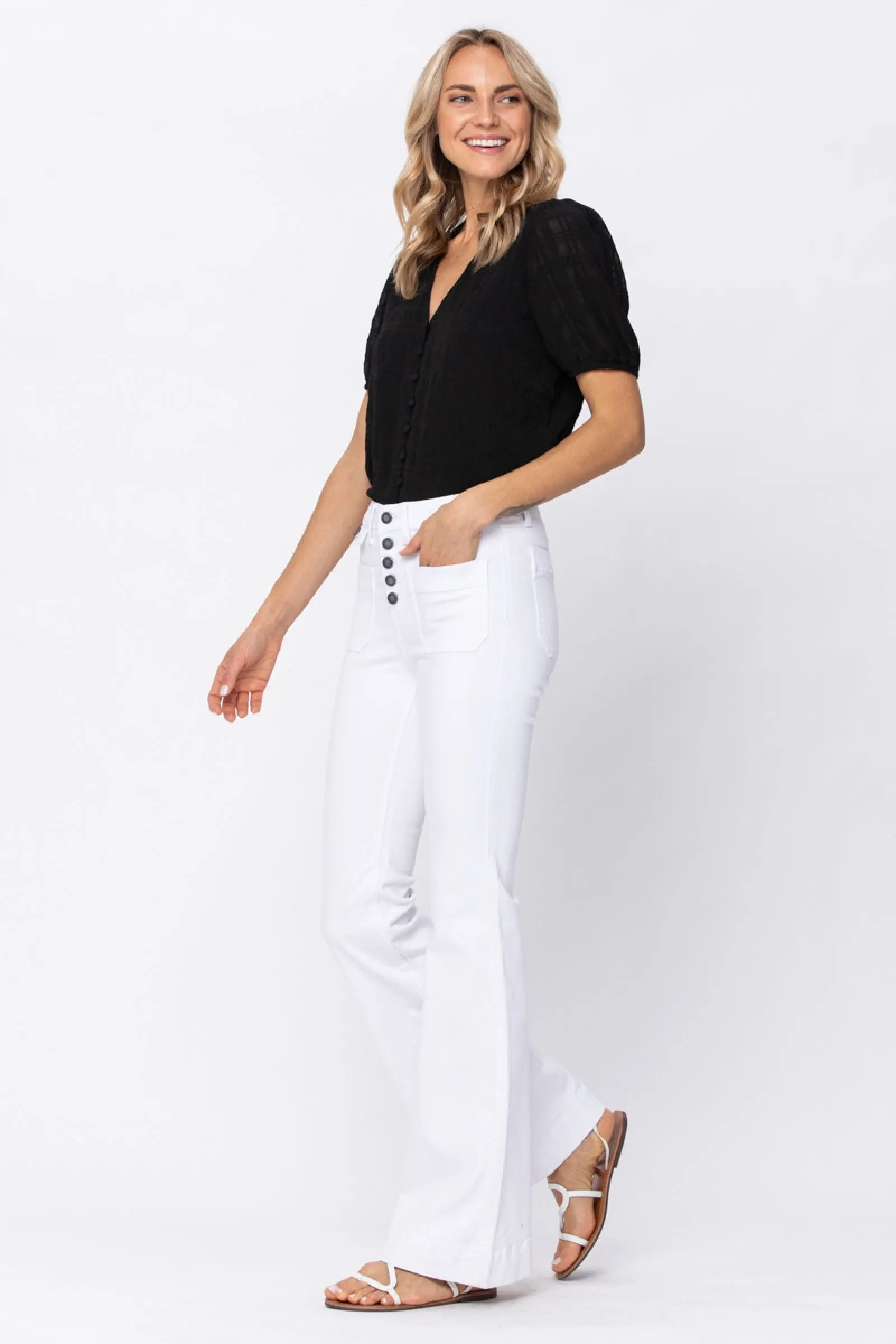 Judy Blue White Hi-Rise Buttonfly Patch Pocket Flare Jeans