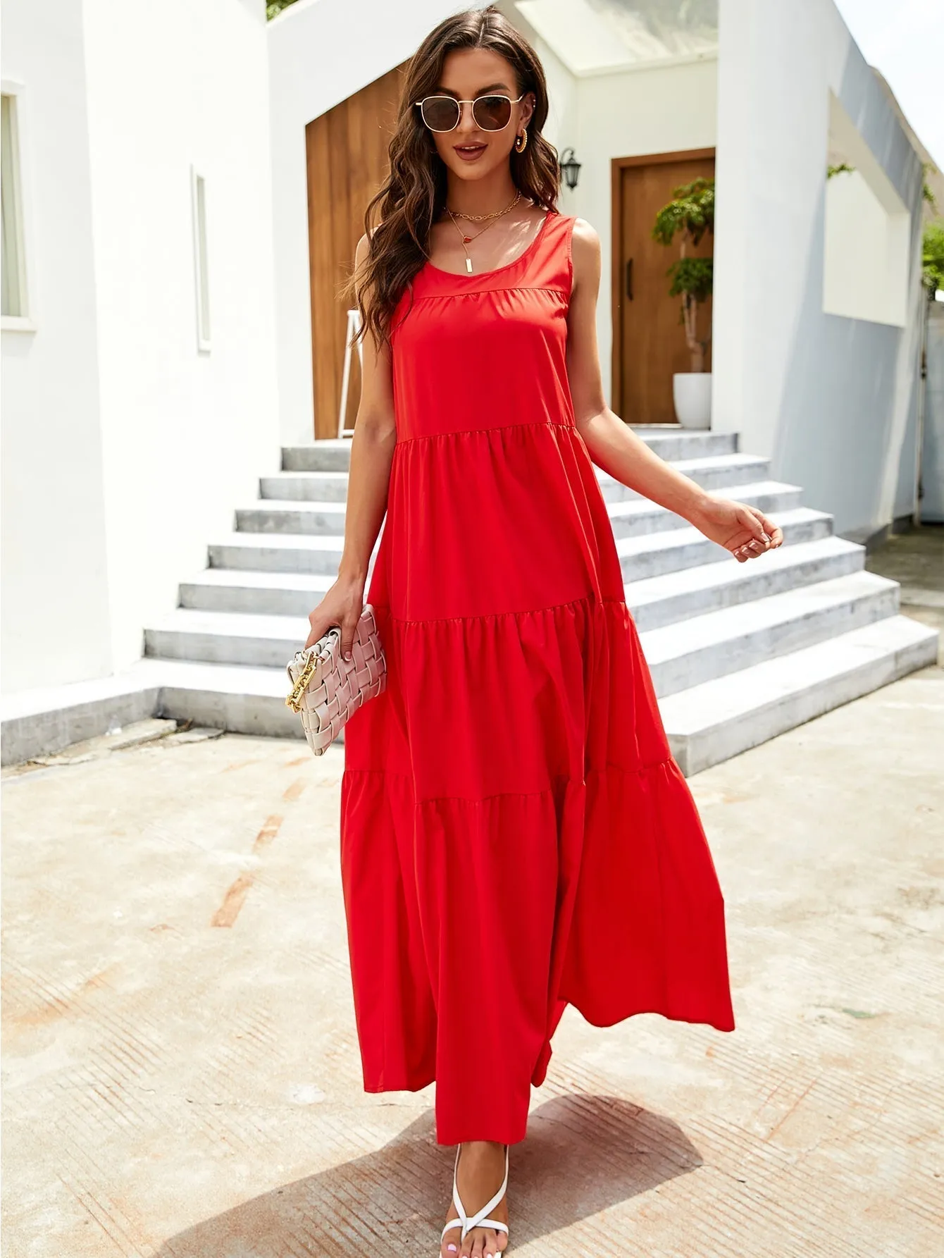 KittenAlarm - Solid Ruffle Hem Tank Maxi Dress