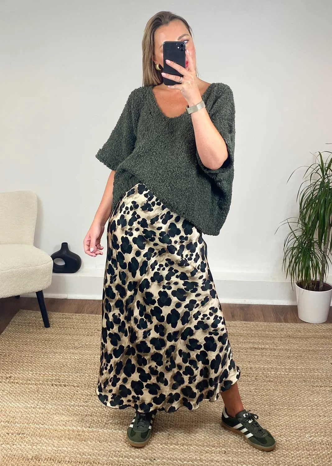 Kyra Silk Leopard Skirt in Slate Grey