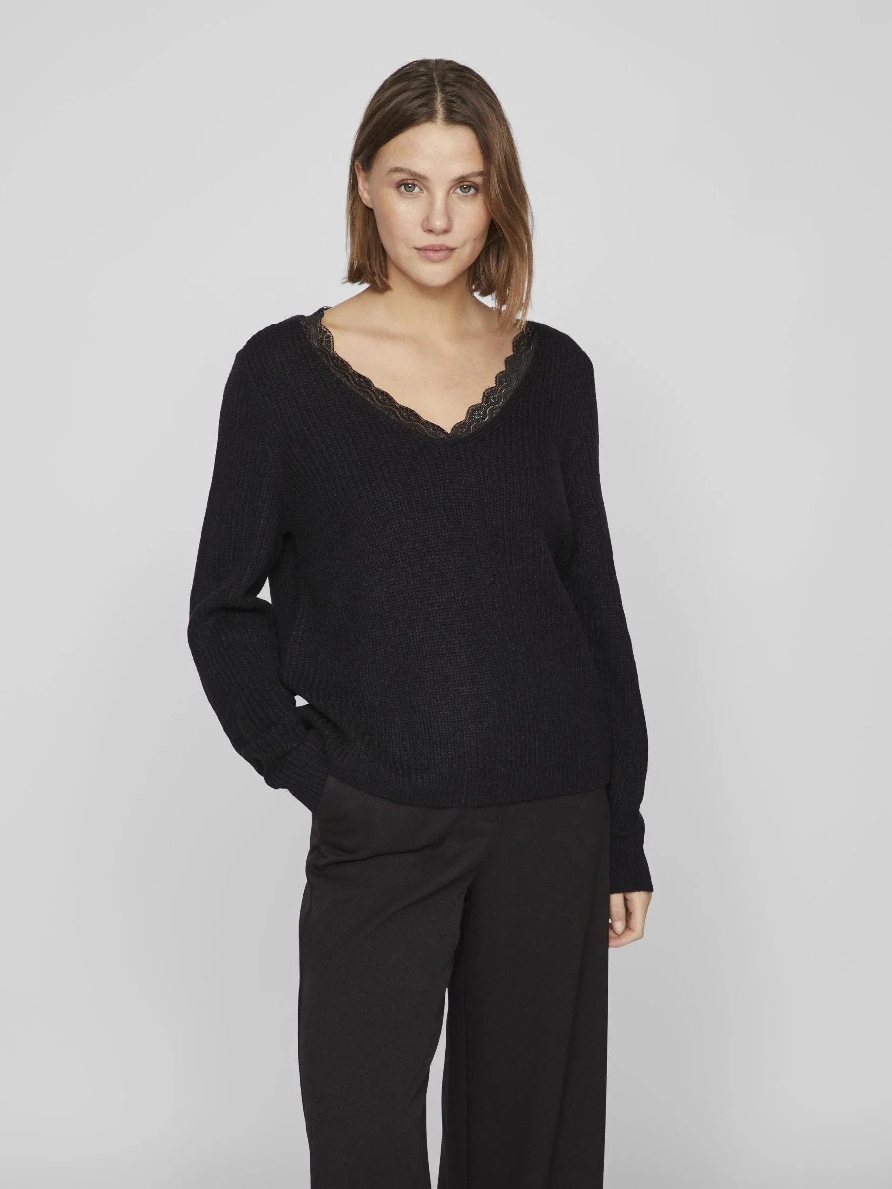 Lacy V-Neck Jumper (Black)