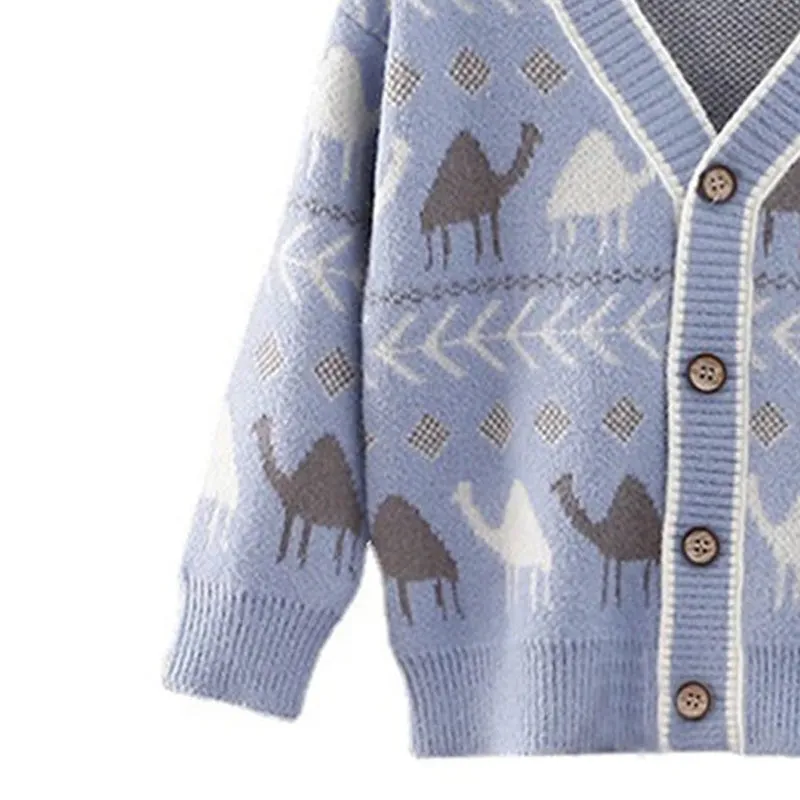 Little Surprise Box Kids Light Blue Camel Troop, Cardigan V neck Sweater