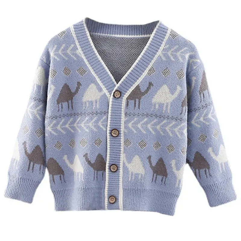 Little Surprise Box Kids Light Blue Camel Troop, Cardigan V neck Sweater