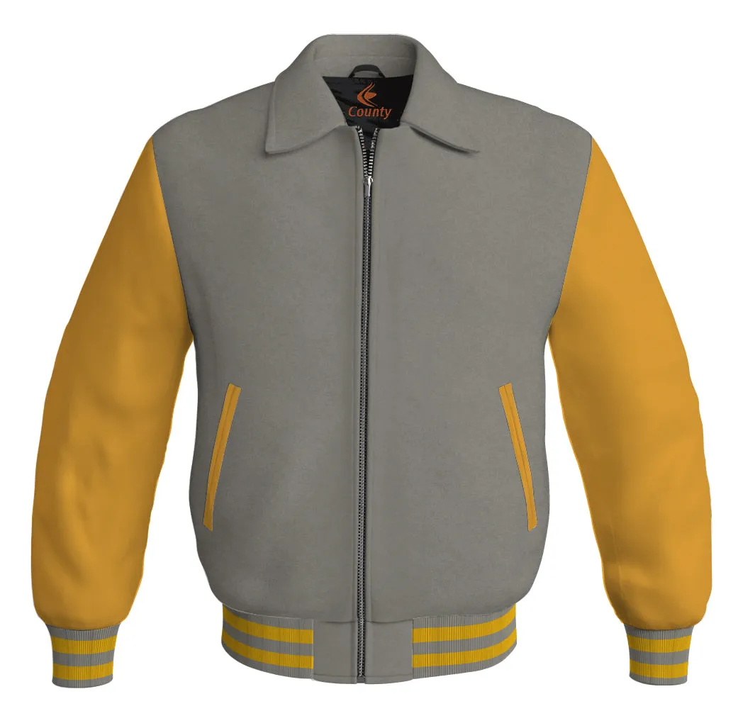 Luxury Bomber Classic Jacket Gray Body and Golden Leather Sleeves