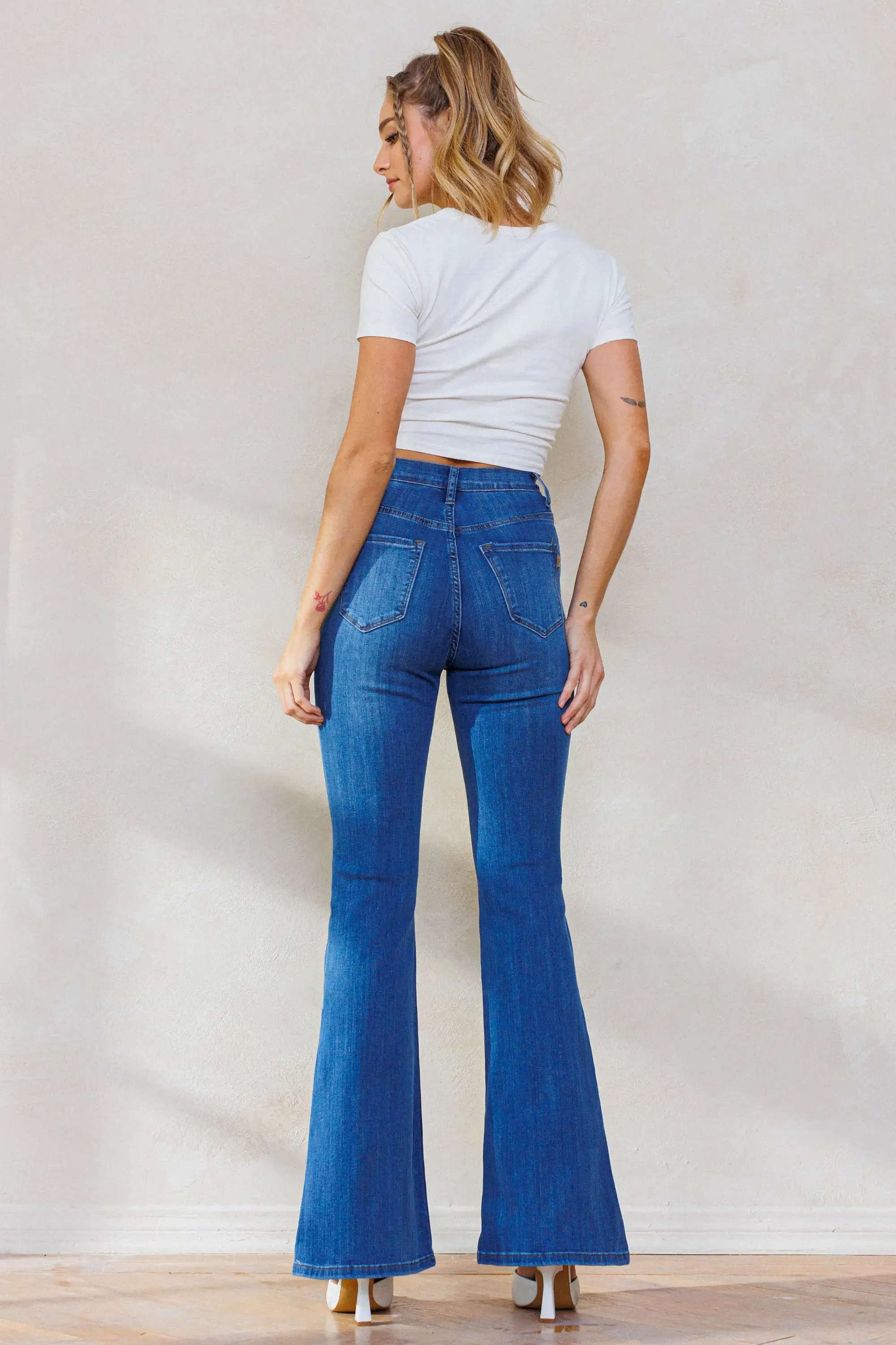 Medium Wash Button Up Flare Jeans-Vibrant M.I.U