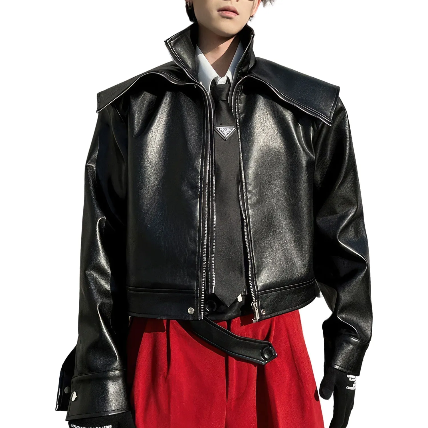 Men’s Black Biker Genuine Sheepskin Stand Collar Oversized Fashion Designer Shoulders Punk Style Classic Rock star Leather Jacket