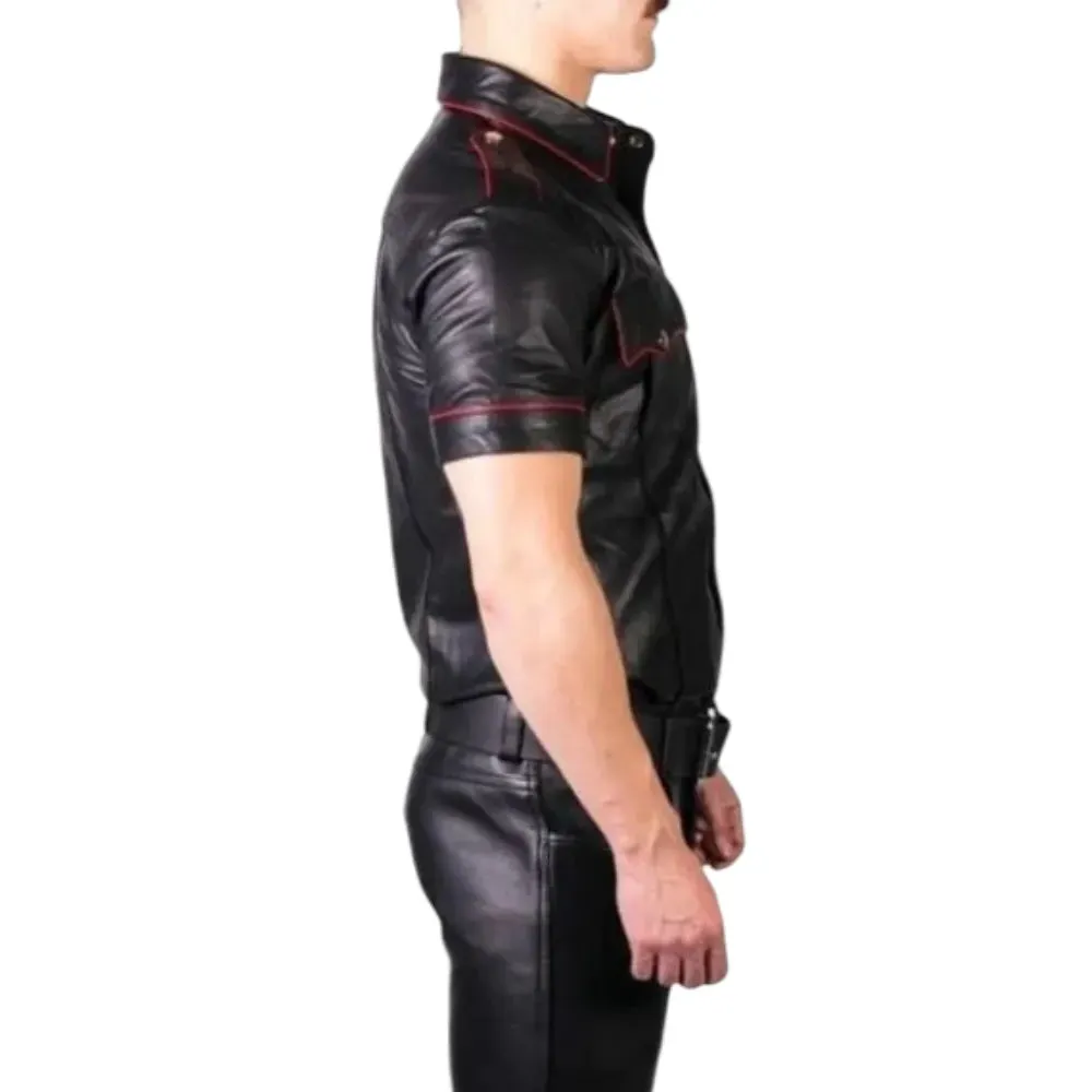 Mens Black Leather Shirt with Red Piping