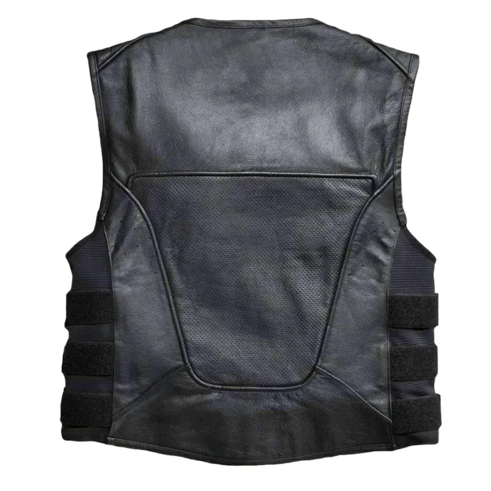 Mens Black Leather Swat Style Motorcycle Vest