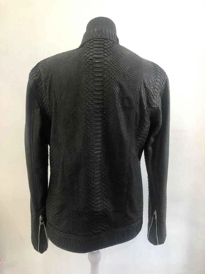 Mens Black Snake Style Sheep Leather Jacket