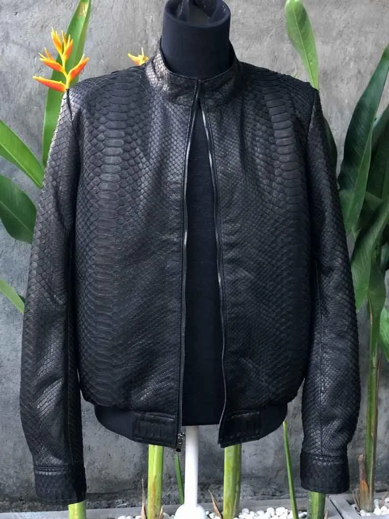 Mens Black Snake Style Sheep Leather Jacket