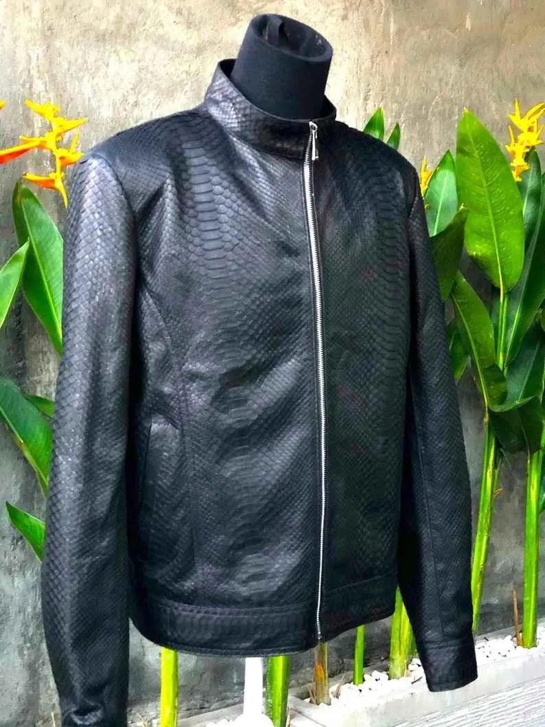 Mens Black Snake Style Sheep Leather Jacket