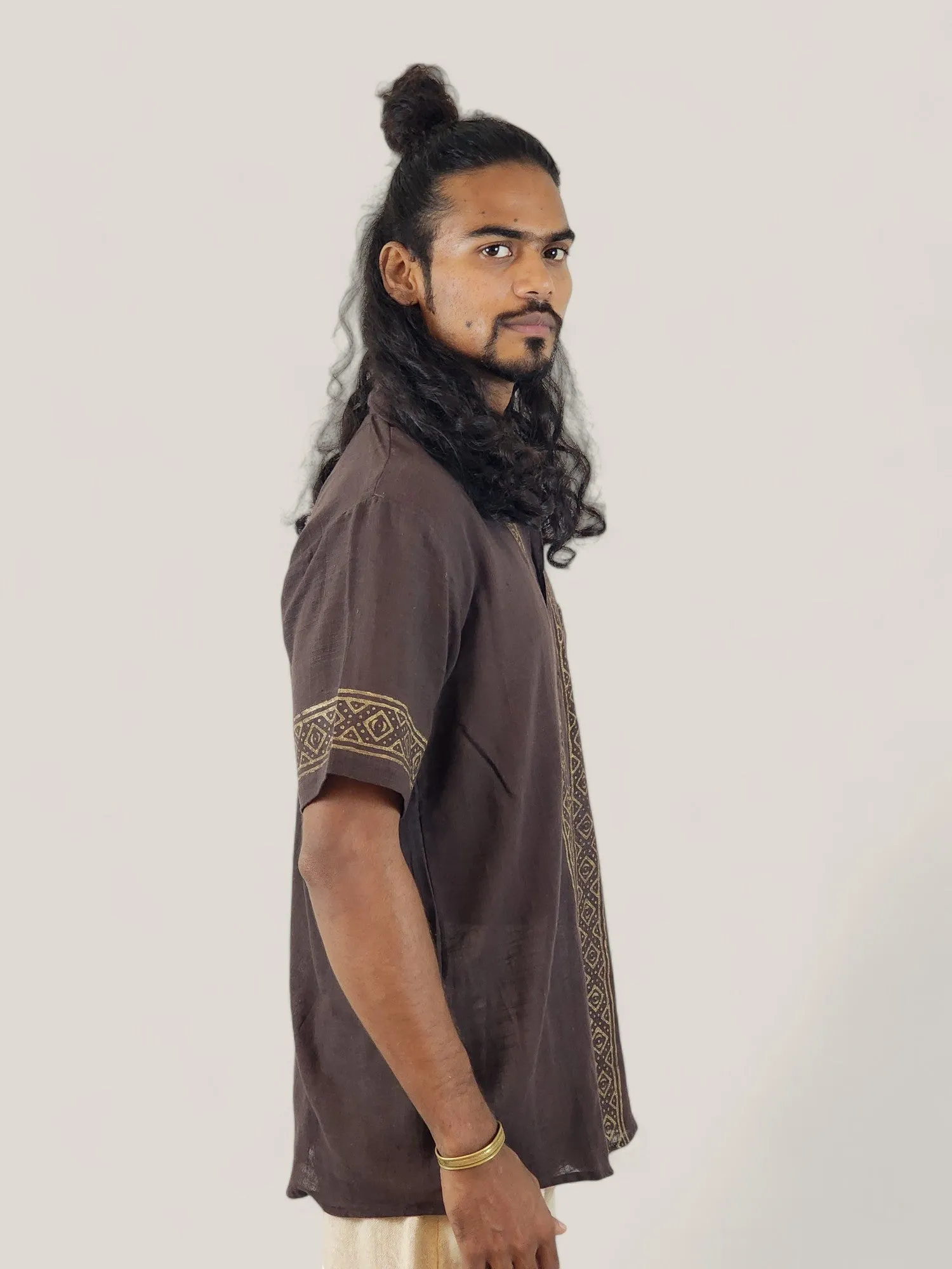 Men's Brown Organic Linen Short Sleeve Block-Printed Button-Down Shirt