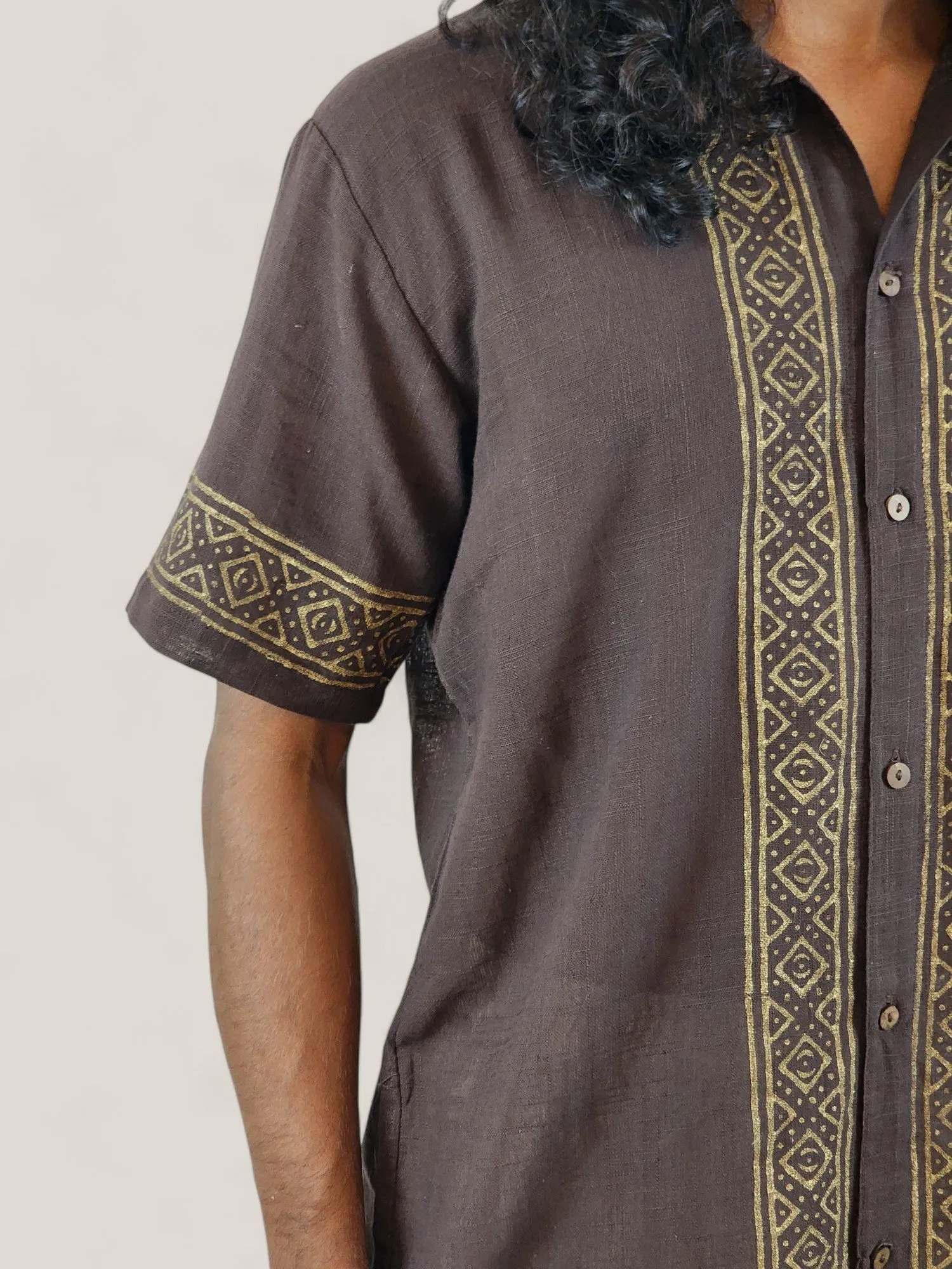 Men's Brown Organic Linen Short Sleeve Block-Printed Button-Down Shirt