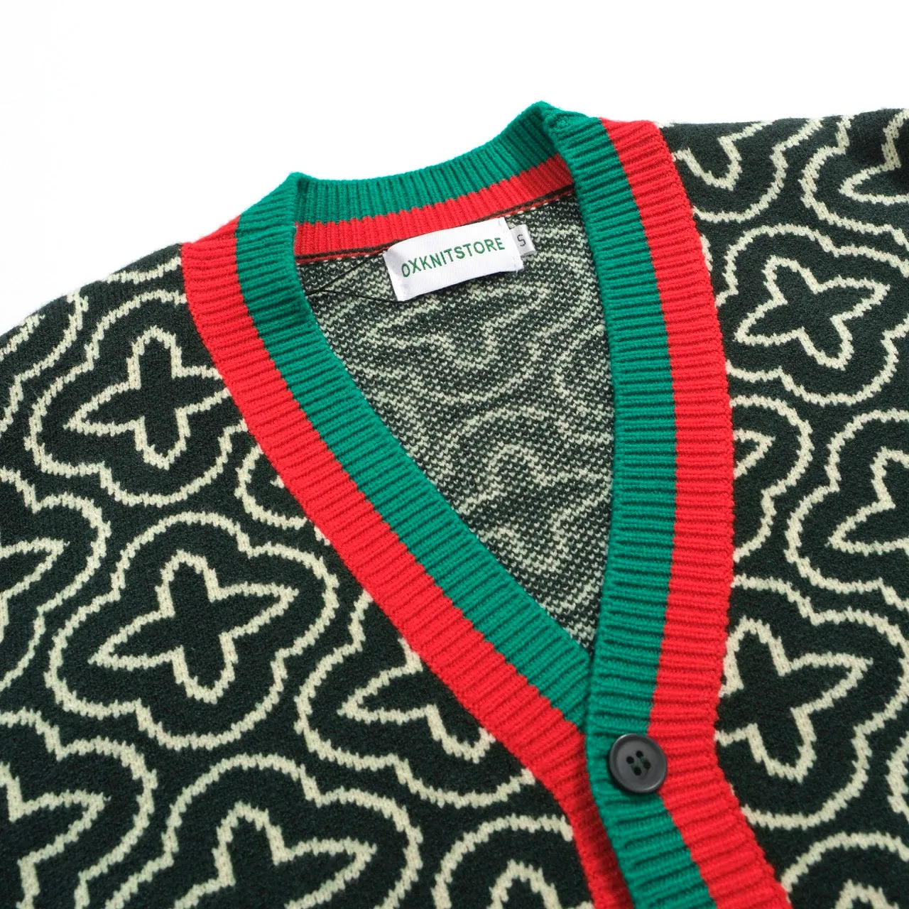 Men's green jacquard contrast knit cardigan sweater