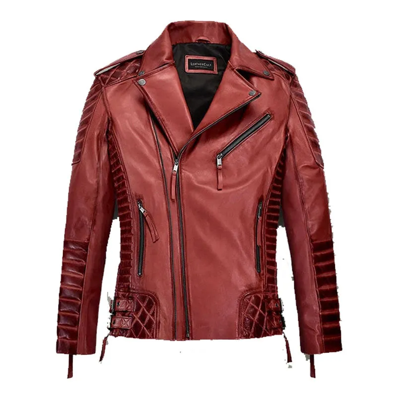 Mens New Style Fashion Biker Charles Burnt Red Leather Jacket