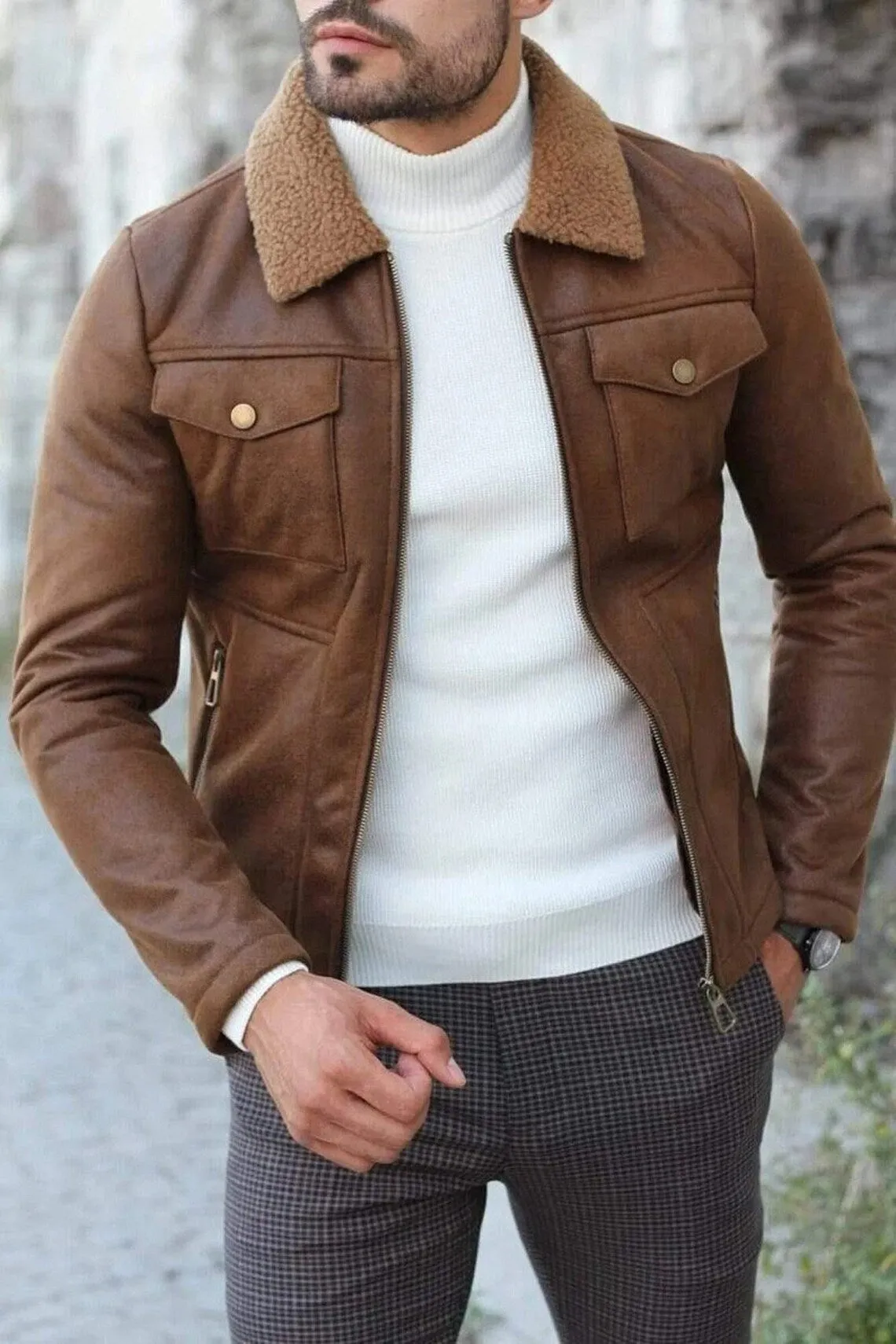 Men's Slim Fit Brown Leather Trucker Jacket with Fur Collar