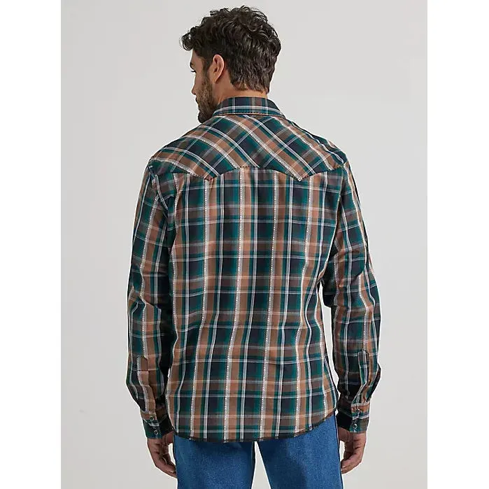 MEN'S WRANGLER LONG SLEEVE FASHION WESTERN SNAP PLAID SHIRT IN TEAL TAN PLAID