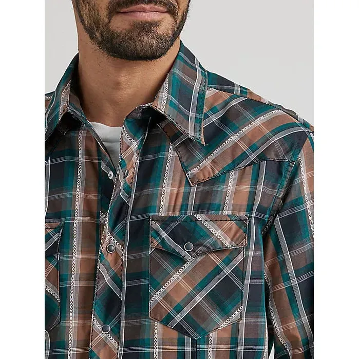 MEN'S WRANGLER LONG SLEEVE FASHION WESTERN SNAP PLAID SHIRT IN TEAL TAN PLAID