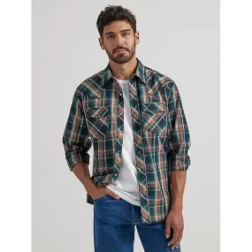 MEN'S WRANGLER LONG SLEEVE FASHION WESTERN SNAP PLAID SHIRT IN TEAL TAN PLAID