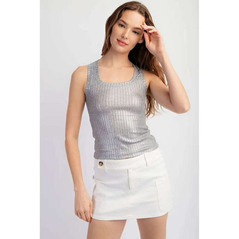 Metallic Coated Ribbed Square Neck Tank Top SILVER/GREY