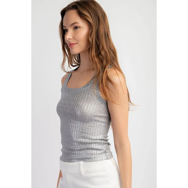 Metallic Coated Ribbed Square Neck Tank Top SILVER/GREY