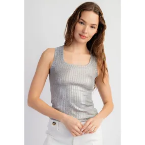 Metallic Coated Ribbed Square Neck Tank Top SILVER/GREY