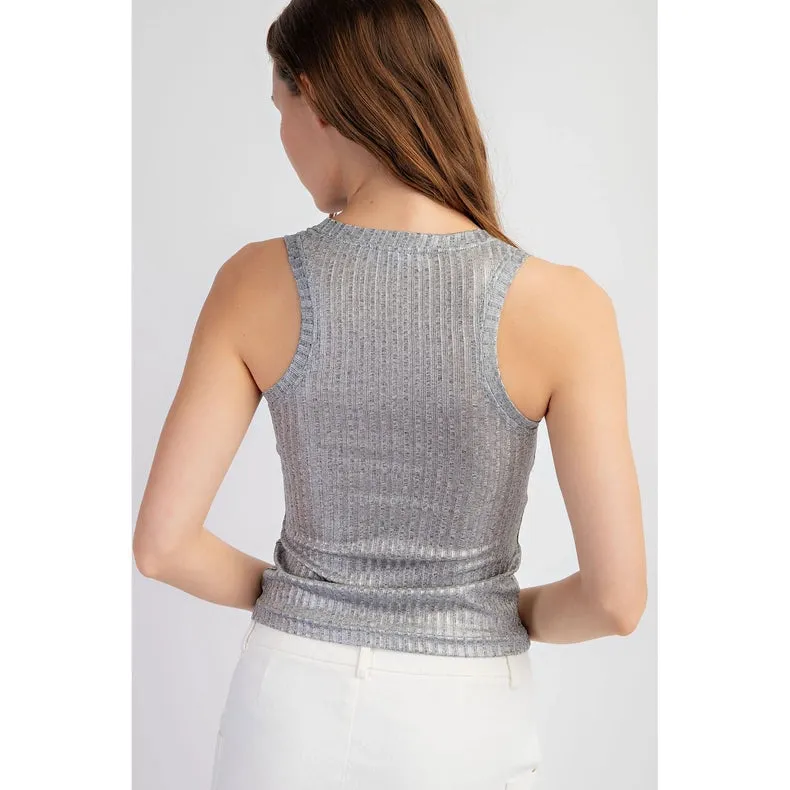 Metallic Coated Ribbed Square Neck Tank Top SILVER/GREY