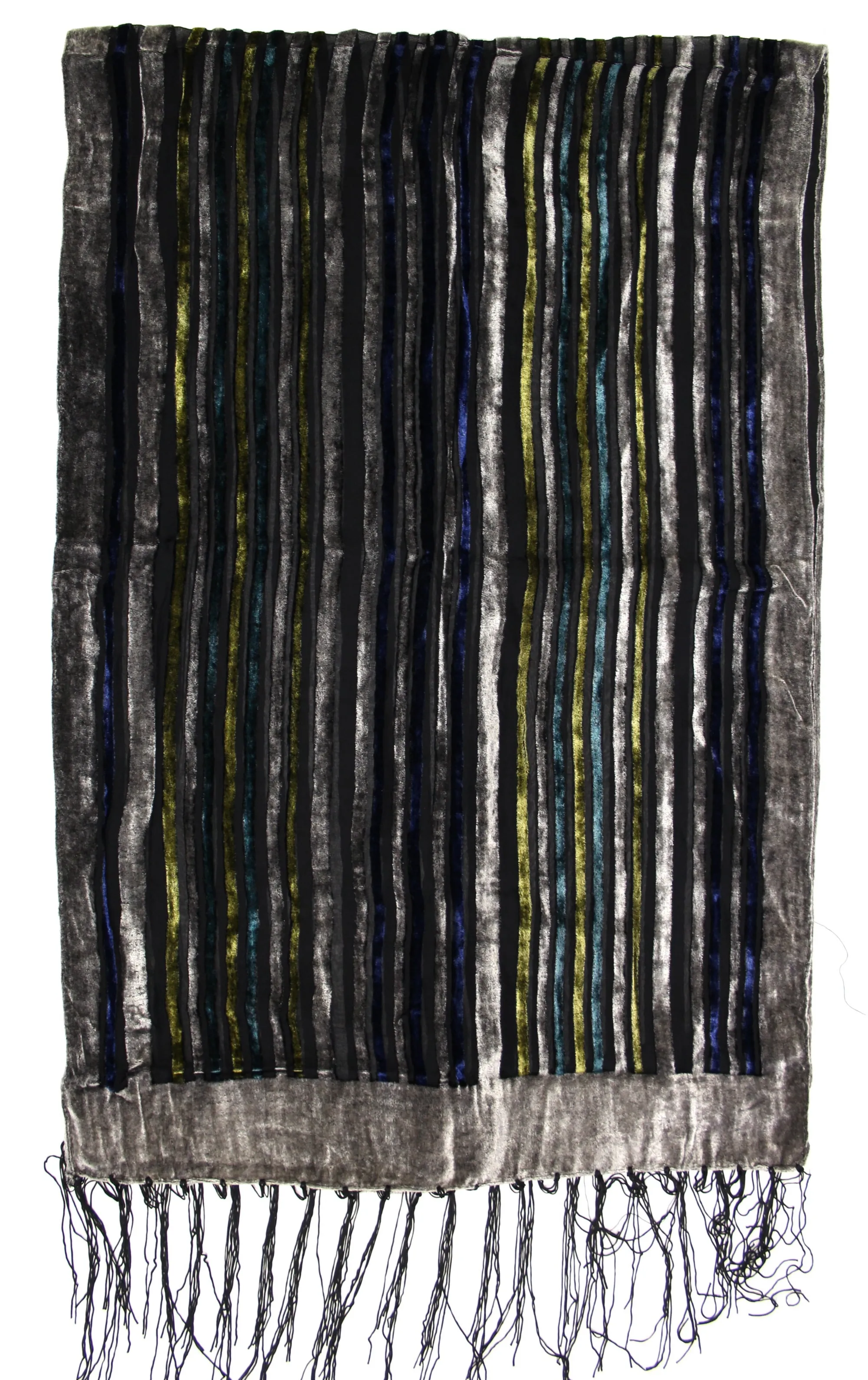 Multicoloured Stripe Patterned Devore Velvet Scarf with Grey Boarder (156 x 52cm)