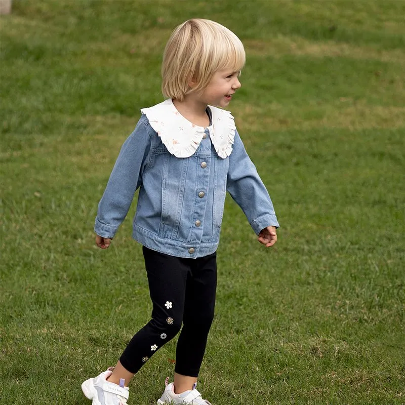 Mushroom Flower Embroidery Girl Removable Shirt Collar Blue Denim Jacket