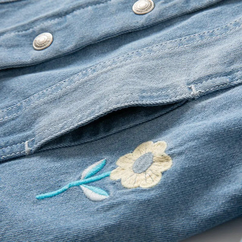 Mushroom Flower Embroidery Girl Removable Shirt Collar Blue Denim Jacket