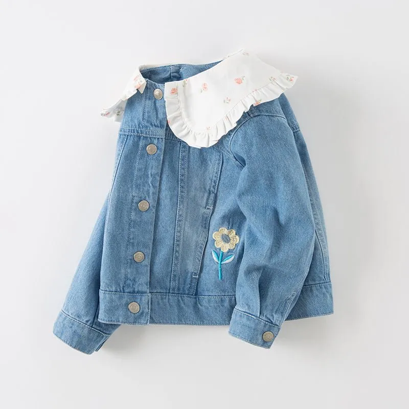 Mushroom Flower Embroidery Girl Removable Shirt Collar Blue Denim Jacket