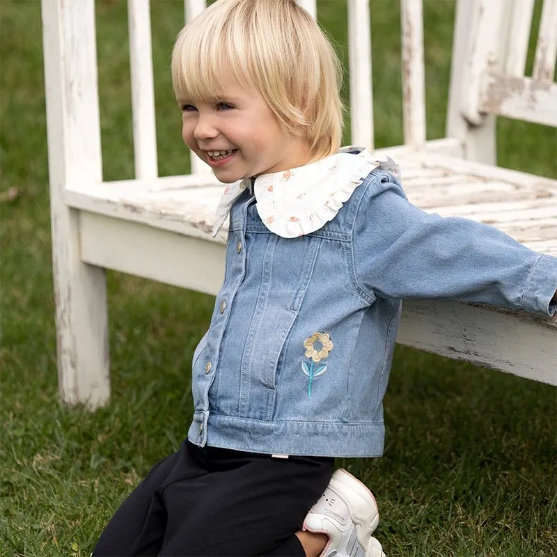 Mushroom Flower Embroidery Girl Removable Shirt Collar Blue Denim Jacket