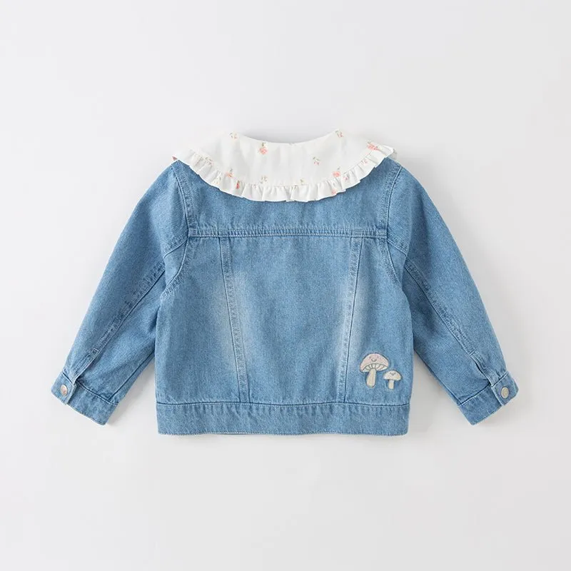 Mushroom Flower Embroidery Girl Removable Shirt Collar Blue Denim Jacket