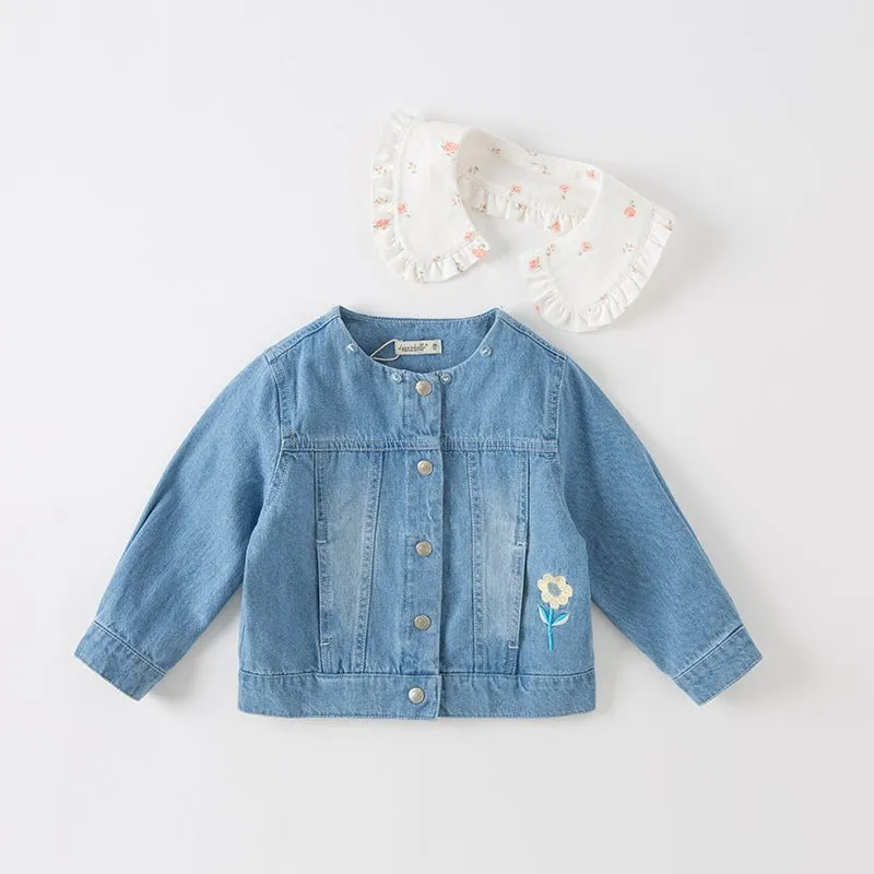 Mushroom Flower Embroidery Girl Removable Shirt Collar Blue Denim Jacket