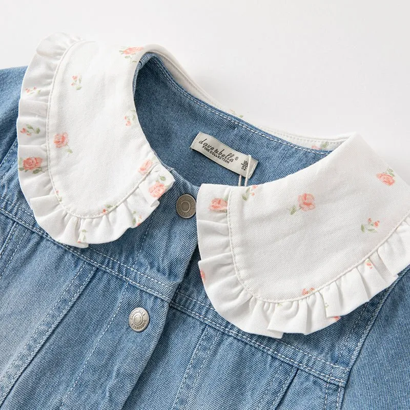 Mushroom Flower Embroidery Girl Removable Shirt Collar Blue Denim Jacket