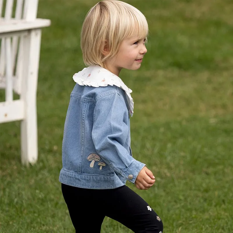 Mushroom Flower Embroidery Girl Removable Shirt Collar Blue Denim Jacket